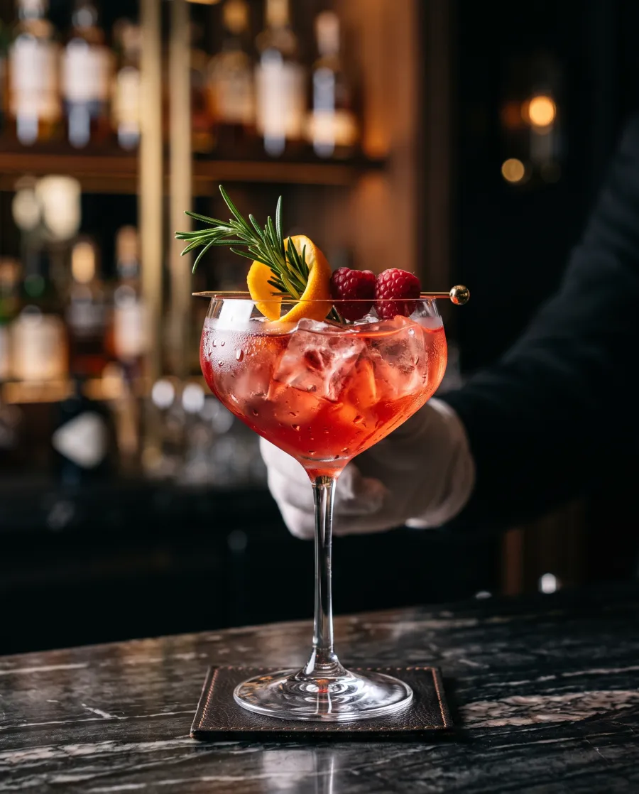 Cocktail signature dans un verre à pied, décor de bar