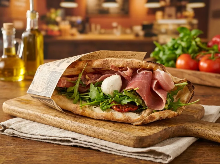Panini garni de jambon cru, mozzarella, roquette et tomates confites