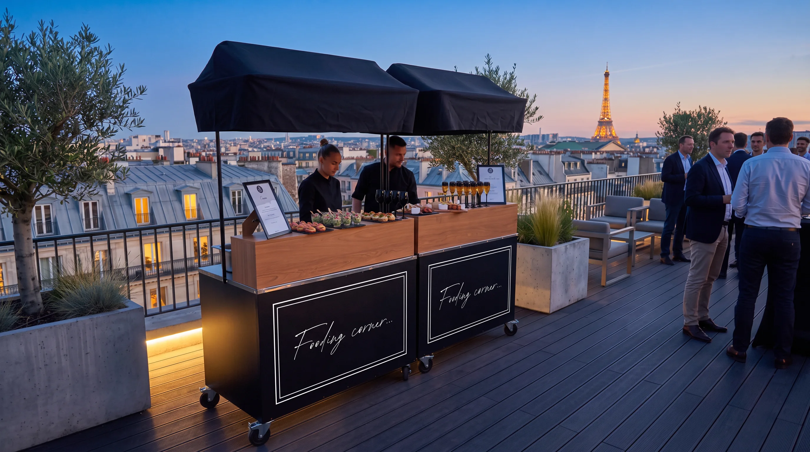 Stand WSHD Food lors d'un événement sur un toit-terrasse parisien, avec la tour Eiffel en arrière-plan